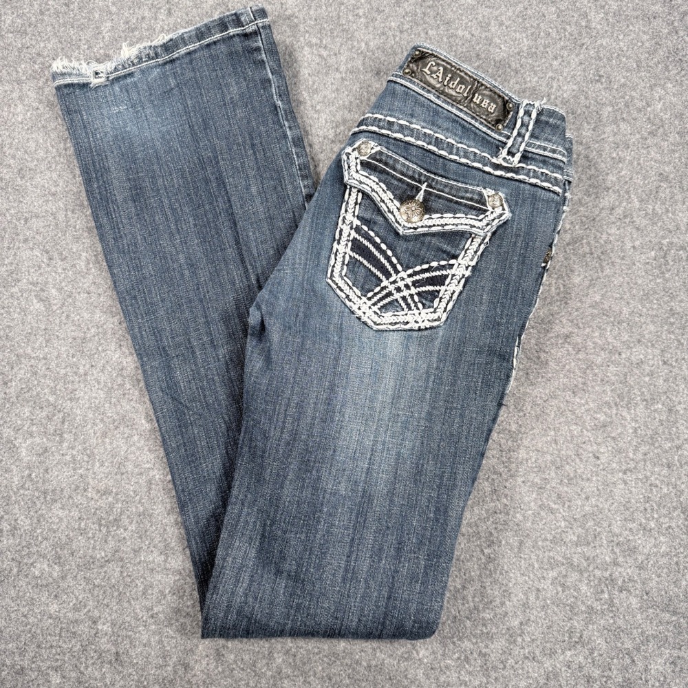 LA Idol USA Womens Size 7 W30 L34 Bootcut Jeans Contrast Stitch Distressed Blue